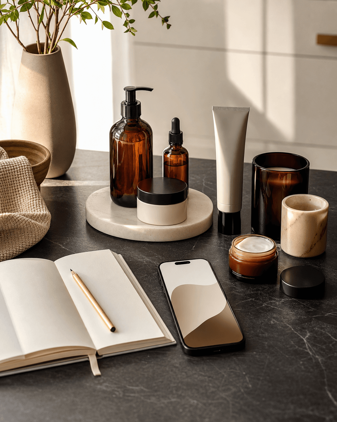 Produtos de autocuidado com celular e caderno