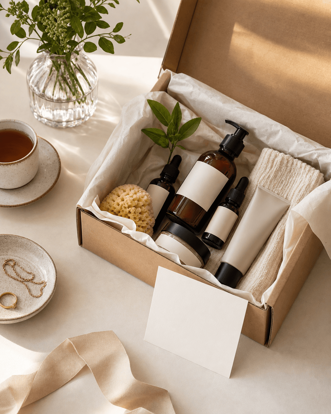 Box com produtos de skincare em luz natural